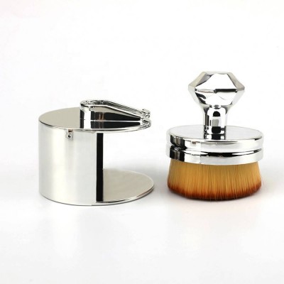 Portable Single Silver Flat Top Synthetic Foundation Brush With Holder